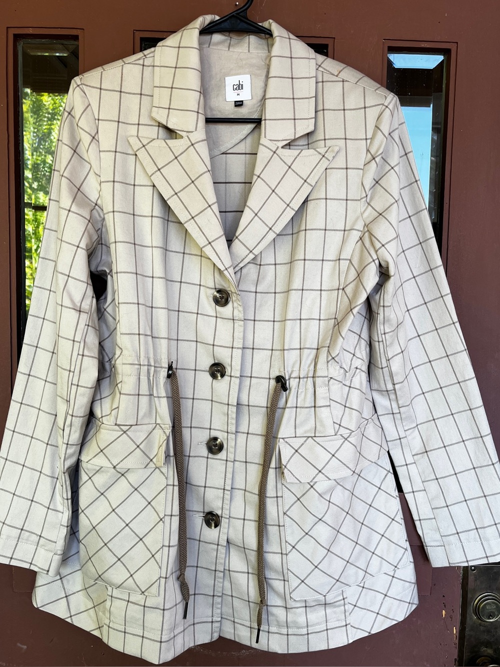 CAbi Cream windowpane blazer utility jacket drawstring medium